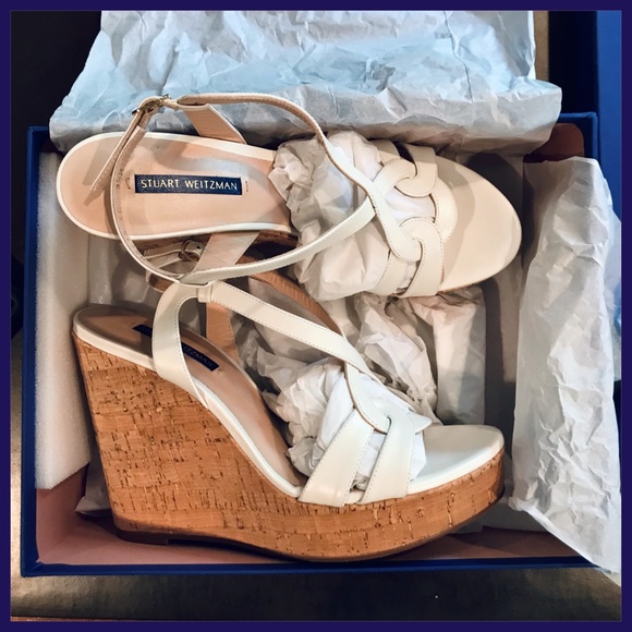 Stuart Weitzman Interlocking White Leather Cork Wedge Espadrille Shoes New 9.5 - Picture 2 of 8